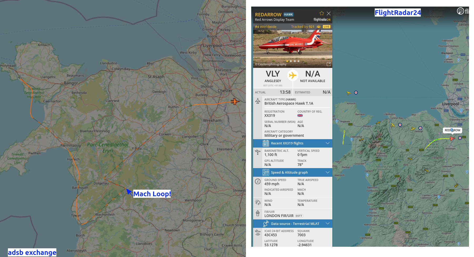 Red Arrows Transit to possibly via Mach Loop - ADSBExchange vs FR24 Coverage