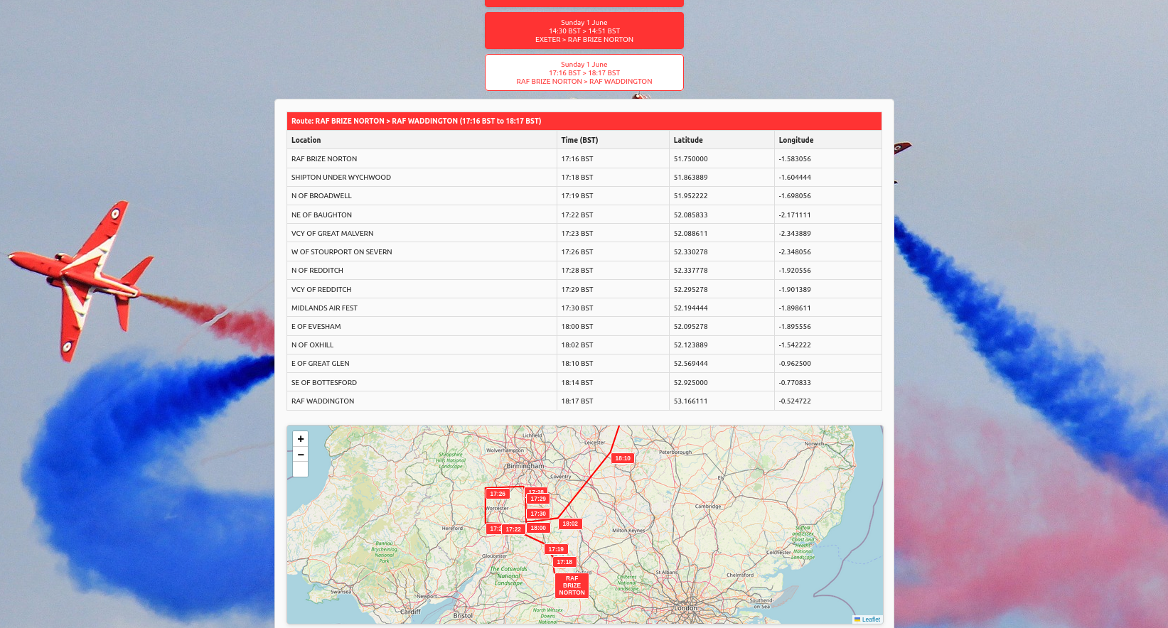 Red Arrows formation route tracker map