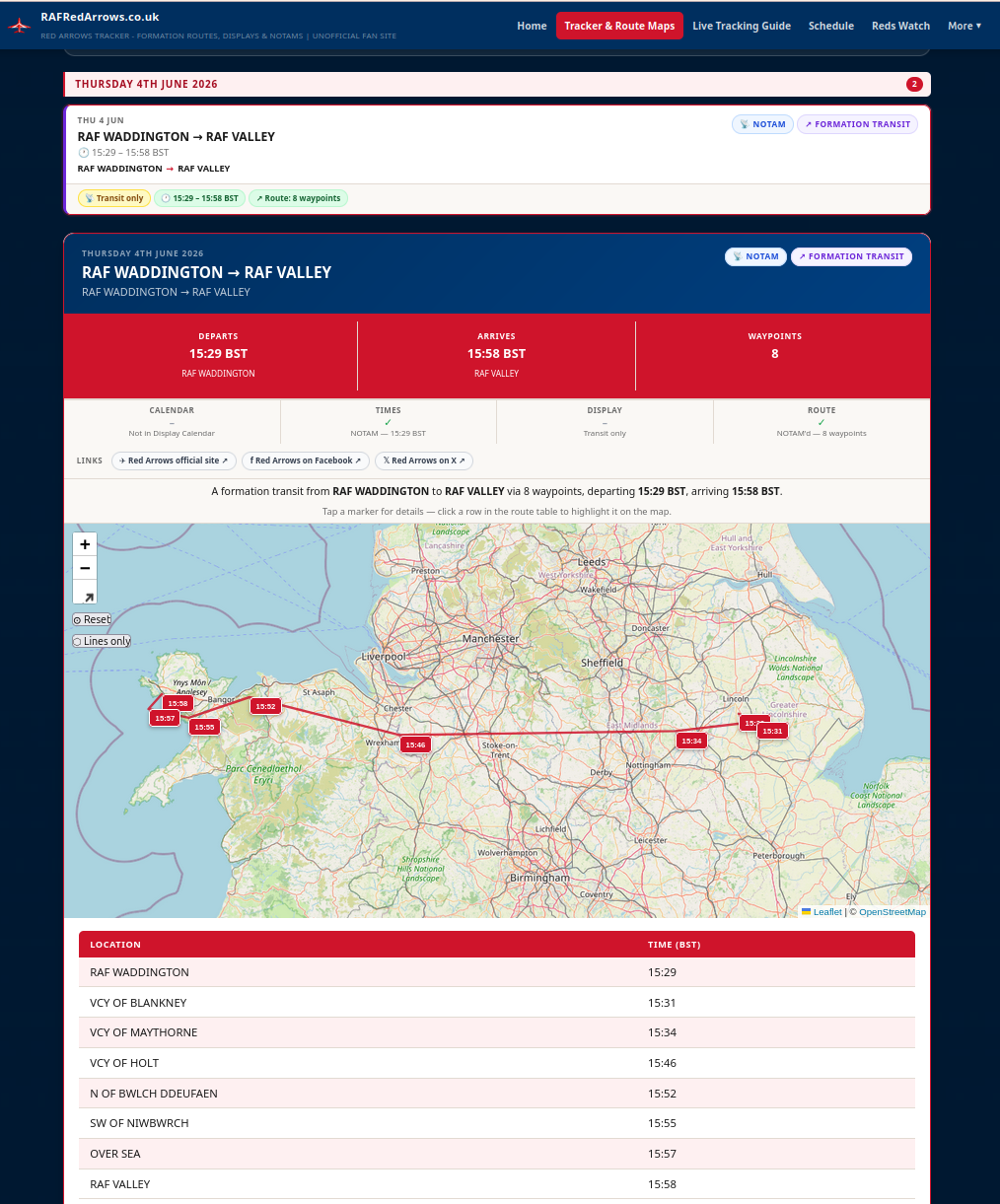 Red Arrows  tracker interface showing RAF Red Arrows aircraft positions on a map with transit route timings